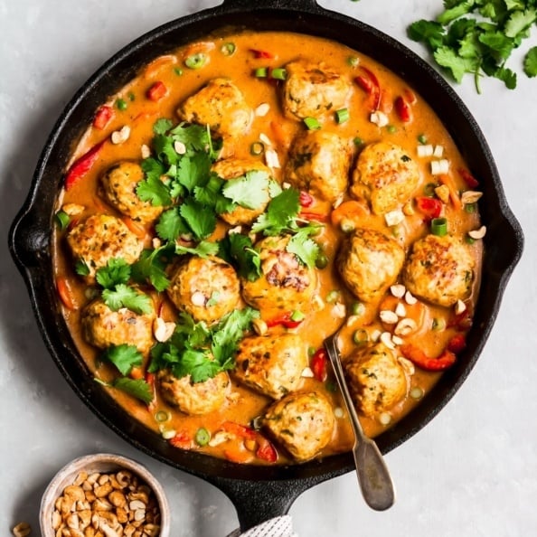 one pan ginger chicken meatballs in a skillet